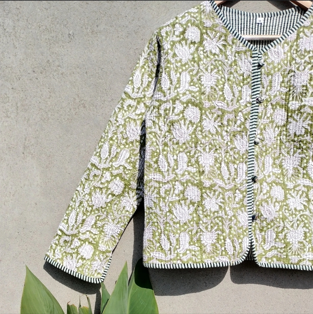 Green Reversible Quilted Jacket with Striped Lining